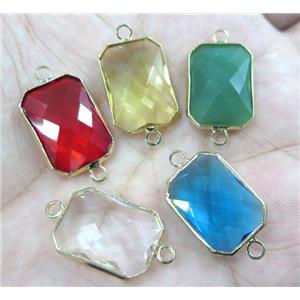 Chinese crystal glass connector, faceted rectangle, gold plated, approx 13x18mm