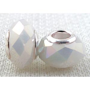 crystal glass beads, faceted rondelle, white AB-Color, approx 14mm dia, 8mm thin, hole: 4.7mm