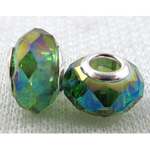 crystal glass beads, faceted rondelle, green AB-Color, approx 14mm dia, 8mm thin, hole: 4.7mm