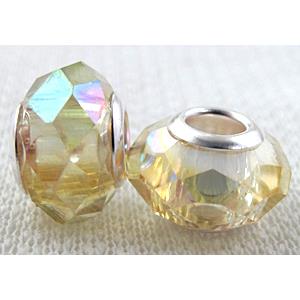 crystal glass beads, faceted rondelle, yellow AB-Color, approx 14mm dia, 8mm thin, hole: 4.7mm