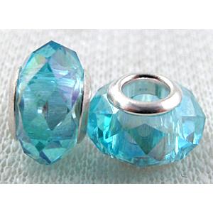 crystal glass beads, faceted rondelle, aqua AB-Color, approx 14mm dia, 8mm thin, hole: 4.7mm