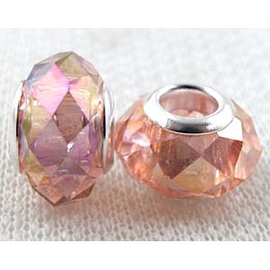 crystal glass beads, faceted rondelle, rose-pink AB-Color, approx 14mm dia, 8mm thin, hole: 4.7mm