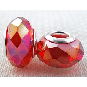 crystal glass beads, faceted rondelle, ruby AB-Color, approx 14mm dia, 8mm thin, hole: 4.7mm