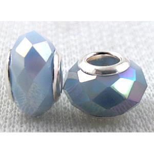 crystal glass beads, faceted rondelle, blue AB-Color, approx 14mm dia, 8mm thin, hole: 4.7mm