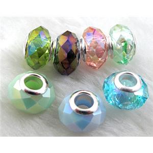 crystal glass beads, faceted rondelle, AB-Color, mixed, approx 14mm dia, 8mm thin, hole: 4.7mm