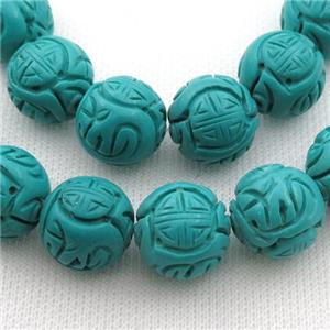 teal Sinkiang Turquoise round beads, carved, approx 17mm