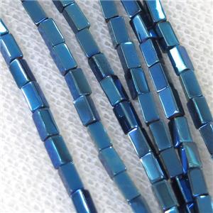 Hematite cuboid beads, blue electroplated, approx 2x4mm