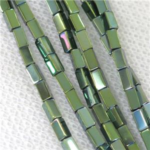Hematite cuboid beads, green electroplated, approx 2x8mm