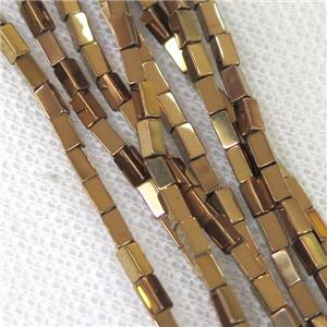 Hematite cuboid beads, gold plated, approx 2x8mm