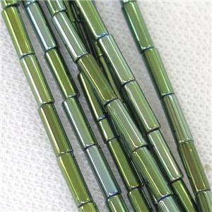 Hematite tube beads, green electroplated, approx 2x8mm