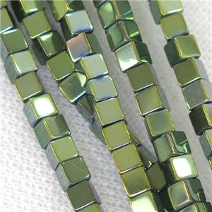 Hematite cube beads, green electroplated, approx 4x4x4mm