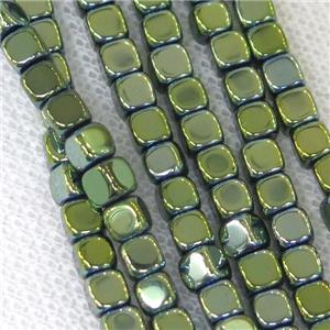 Hematite cube beads, green electroplated, approx 3.7mm