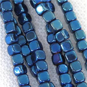 Hematite cube beads, blue electroplated, approx 3.7mm