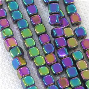 Hematite cube beads, rainbow electroplated, approx 3.7mm