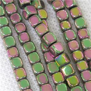 Hematite cube beads, greenred electroplated, approx 3.7mm