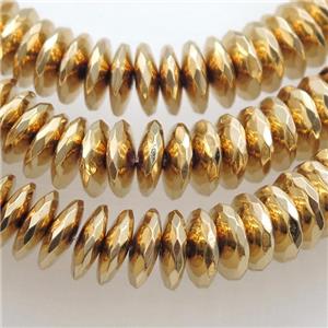 light KC-gold electroplated Hematite heishi Beads, faceted, approx 3x12mm