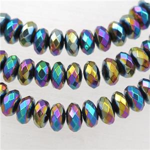 Hematite beads, faceted rondelle, rainbow, approx 3x12mm