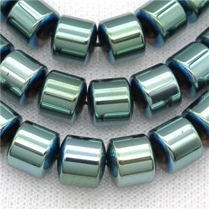 Hematite tube beads, green electroplated, approx 8mm