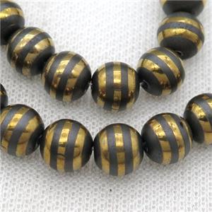 black Hematite beads with golden line, round, matte, approx 8mm dia