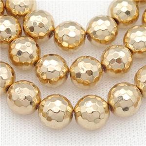 faceted round Hematite Beads, light KC-gold electroplated, approx 10mm dia