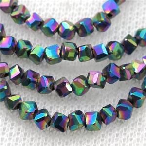Hematite beads, corner-drilled cube, rainbow electroplated, approx 3mm