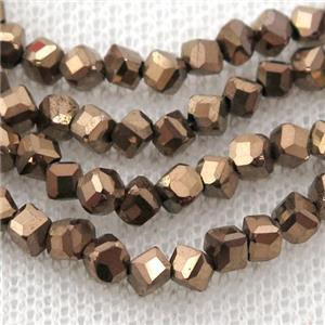 Hematite beads, corner-drilled cube, brown electroplated, approx 3mm