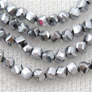 Hematite beads, corner-drilled cube, platinum electroplated, approx 3mm