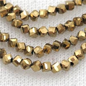 Hematite beads, corner-drilled cube, gold electroplated, approx 3mm