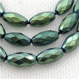 Hematite beads, faceted rice, green electroplated, approx 6-12mm