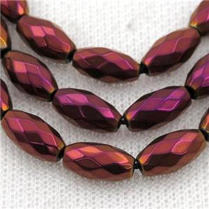 Hematite beads, faceted rice, fuchsia electroplated, approx 6-12mm