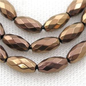 Hematite beads, faceted rice, brown electroplated, approx 6-12mm