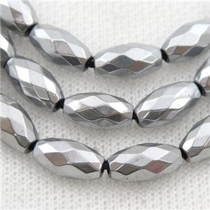 Hematite beads, faceted rice, platinum electroplated, approx 6-12mm