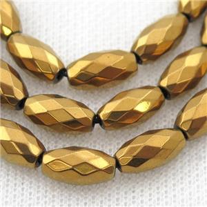 Hematite beads, faceted rice, gold electroplated, approx 6-12mm
