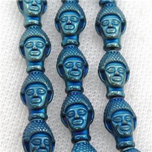 Hematite buddha beads, blue electroplated, approx 9-14mm