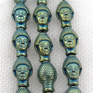 Hematite buddha beads, green electroplated, approx 9-14mm