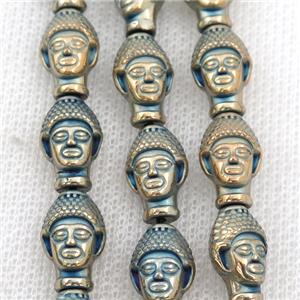 Hematite buddha beads, bluegold electroplated, approx 9-14mm