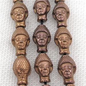 Hematite buddha beads, brown electroplated, approx 9-14mm