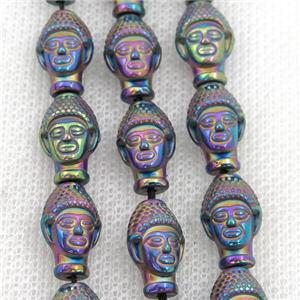 Hematite buddha beads, rainbow electroplated, approx 9-14mm