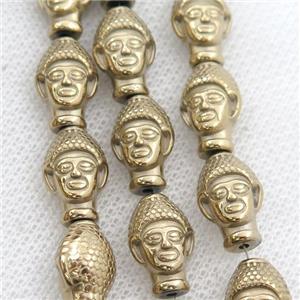 Hematite buddha beads, pyrite color electroplated, approx 9-14mm