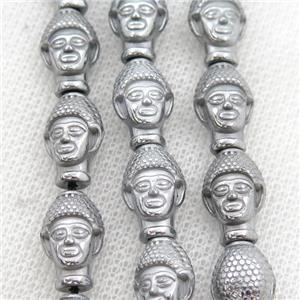 Hematite buddha beads, platinum electroplated, approx 9-14mm