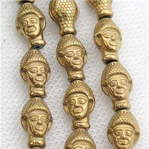 Hematite buddha beads, gold electroplated, approx 9-14mm