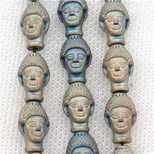 matte Hematite buddha beads, bluegold electroplated, approx 9-14mm