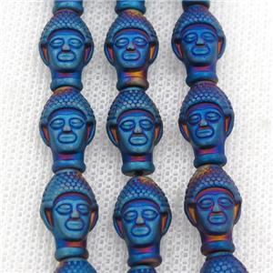 matte Hematite buddha beads, blue electroplated, approx 9-14mm