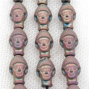 matte Hematite buddha beads, fuchsia electroplated, approx 9-14mm