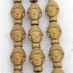 matte Hematite buddha beads, gold electroplated, approx 9-14mm