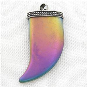 matte Hematite horn pendant, rainbow electroplated, approx 24-49mm