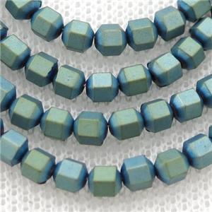 matte Hematite prism column beads, green electroplated, approx 4mm
