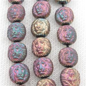 matte Hematite Lion Beads, fuchsia electroplated, approx 10mm