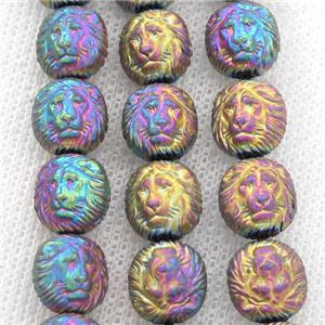 matte Hematite Lion Beads, rainbow electroplated, approx 10mm