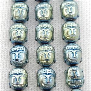 Hematite buddha beads, green electroplated, approx 9-10mm
